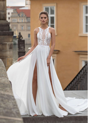 Beaded Tank Bodice Chiffon Slit Wedding Dress